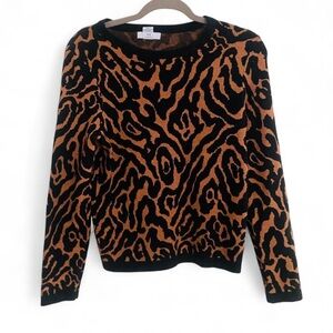 H BY HALSTON BLACK BROWN ANIMAL PRINT LONG SLEEVE CREWNECK SWEATER SIZE MEDIUM